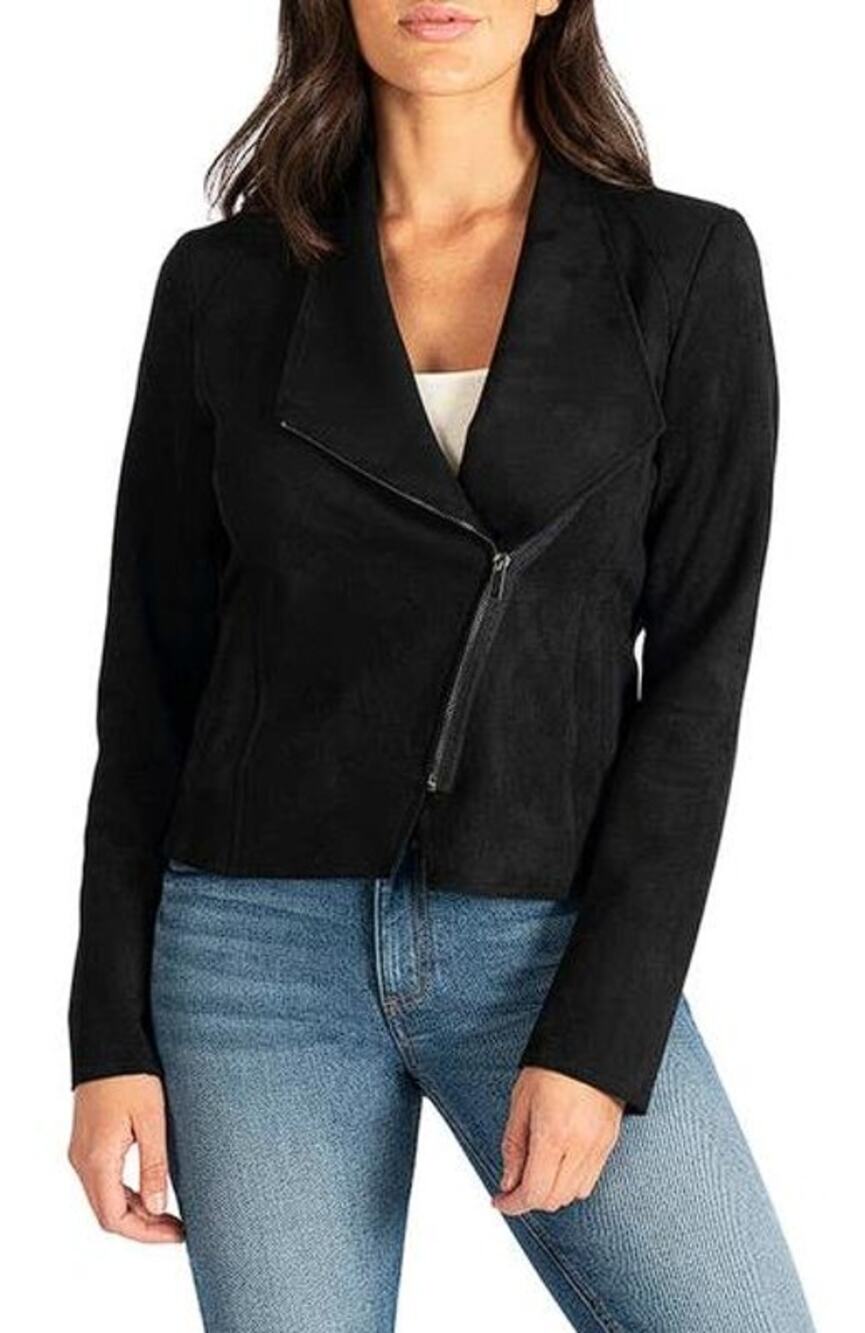 KUT FROM THE KLOTH Women's Carina Faux Suede Drape Moto Jacket Size L In Black